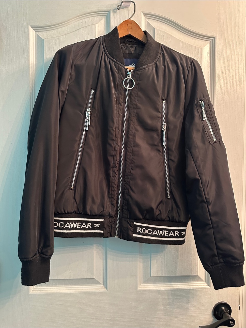 Vintage Y2K Rocawear Classic Black Bomber Jacket Size Medium Logo Hem
